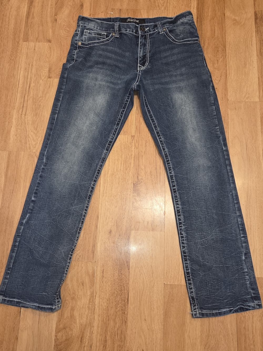 True Luck Men's Straight Leg Jeans Dark Wash Bold Contrast Stitch 32×32